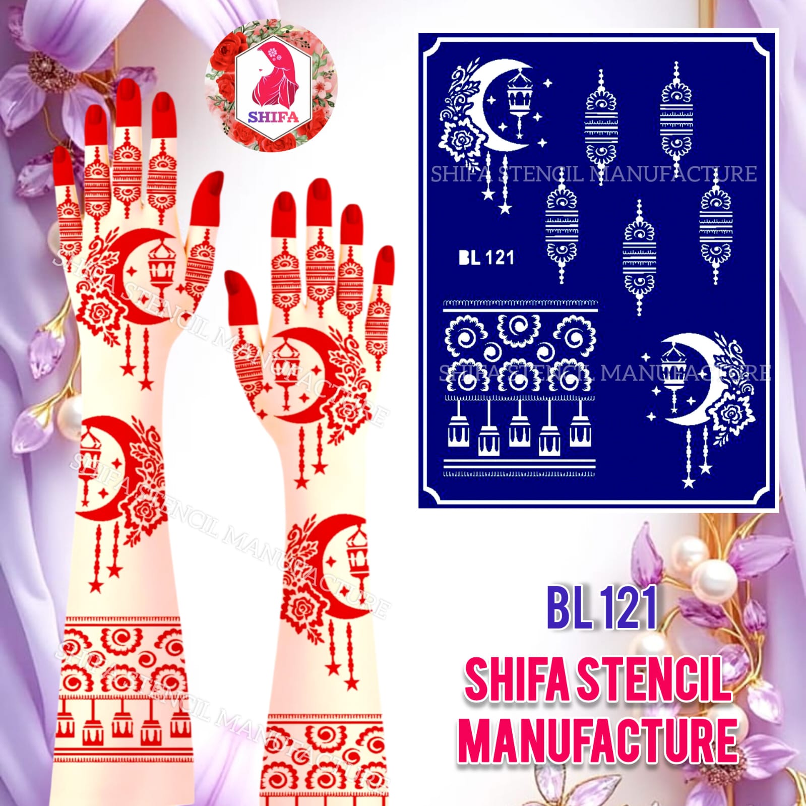 BL121 Celestial Lantern Bloom Henna Sticker Overview Henna Stencil - Shifa Stencil